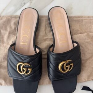 Gucci Double G  Black and Gold Mules